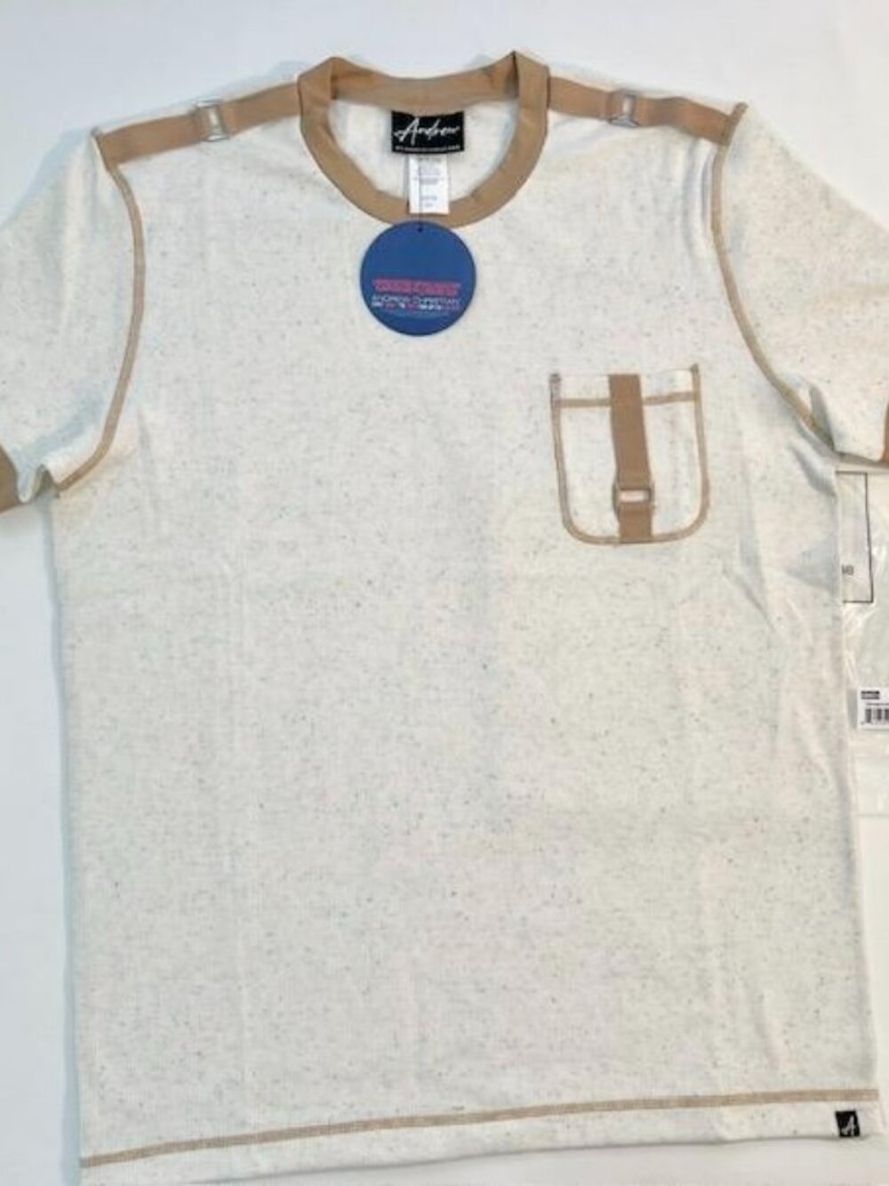 Andrew Christian Size "L" Glampground Trail T-Shirt - White Heather/Tan